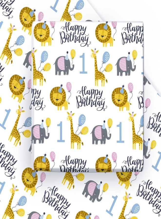 WRAPAHOLIC 1st Birthday Wrapping Paper Sheet - 6 Sheets Cute Animal Design Folded Flat for Birthday, Party, Baby Showers - 19.7 Inch X 27.5 Inch Per Sheet - Image 1